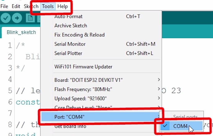 Arduino IDE select the ESP32 Port in Tools menu