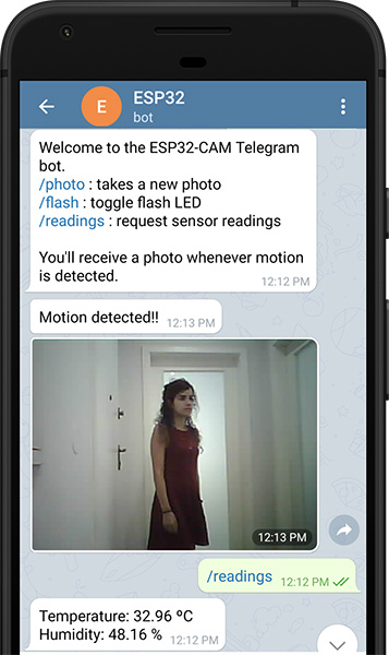 Control ESP32-CAM with Telegram Take Photos Control Outputs Request Sensor Readings and Motion Notifications Demonstration