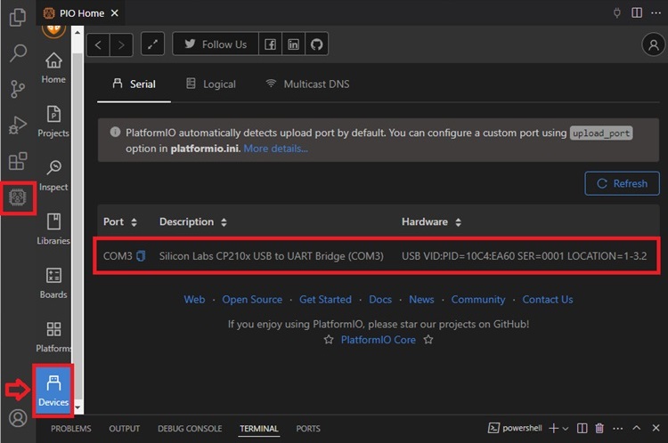 VS Code - Detect devices COM port