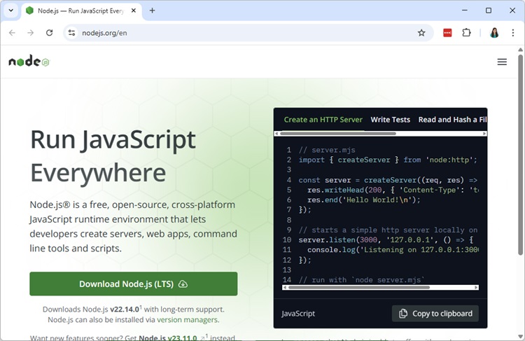 Download Node.js LTS version
