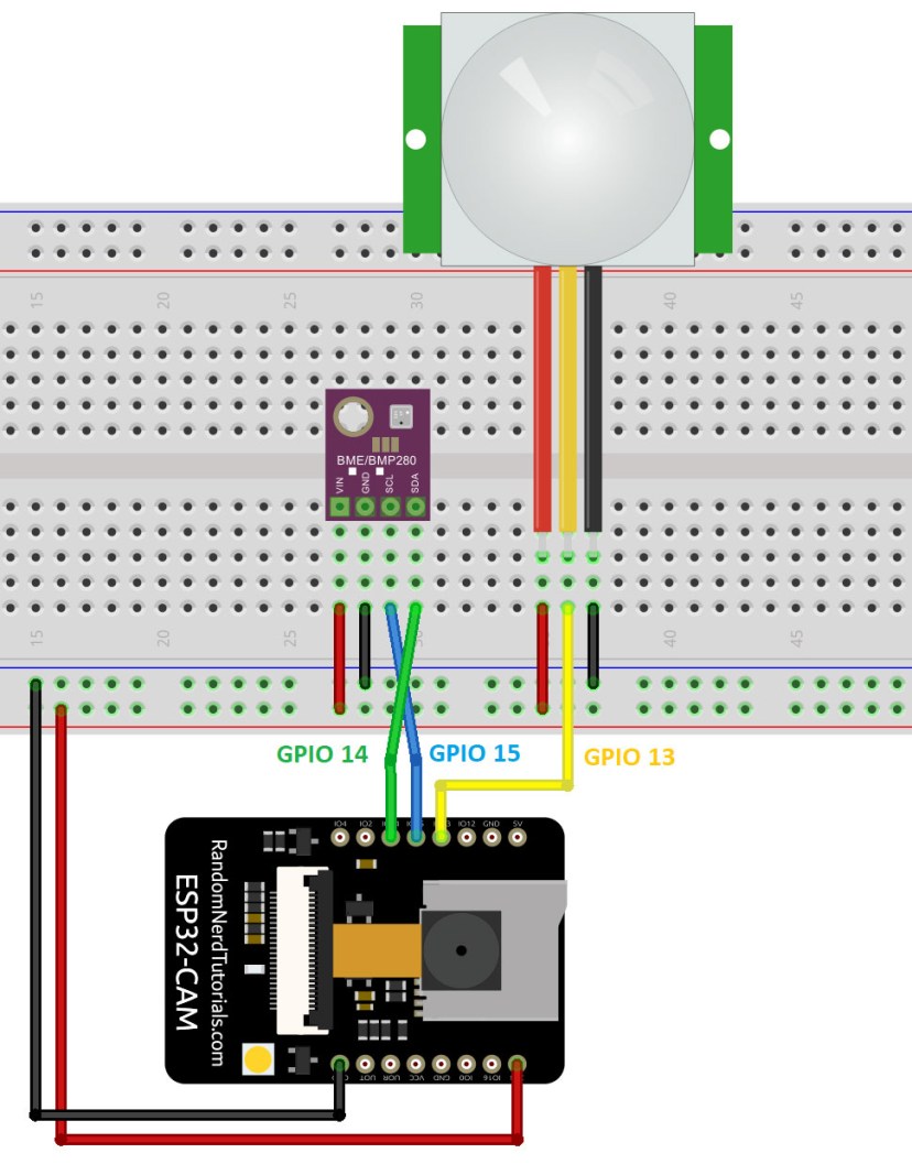 ESP32-CAM with BME280 and PIR Motion Sensor Wiring Schematic Diagram