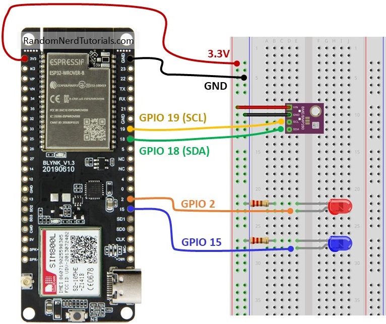 TTGO T-Call ESP32 SIM800L with BME280 sensor outputs wiring schematic diagram