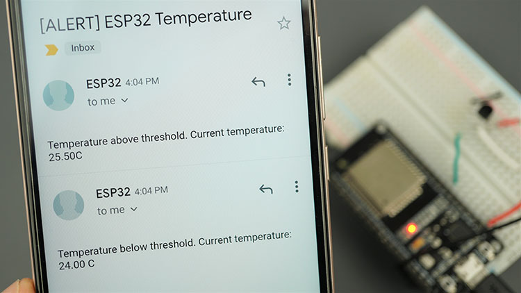 ESP32 Web Server Temperature Threshold Triggered Received Email Alert