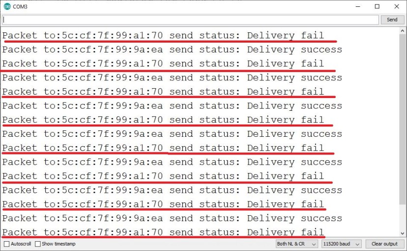ESP8266 NodeMCU ESP-NOW Send Data To Multiple Boards Delivery Status Failed Serial Monitor