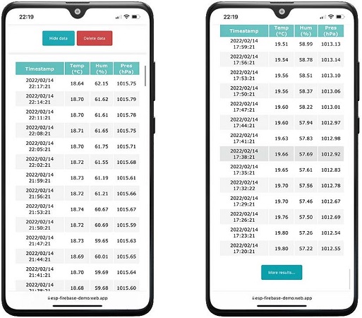 Firebase Web app Sensor readings table with all data