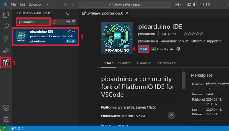 Installing pioarduino extension VS Code