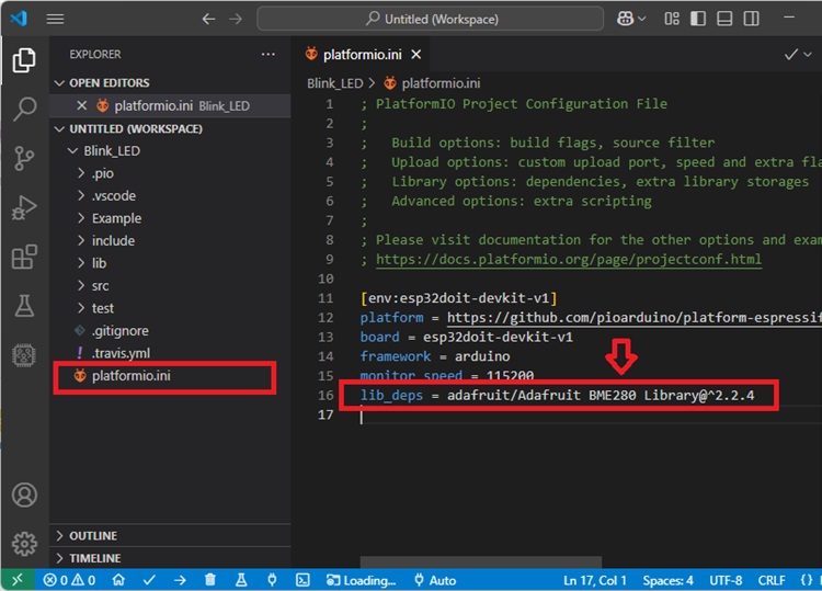 Library added to pioarduino VS Code platformio ini file