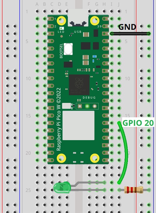 Raspberry Pi Pico LED connected to GPIO 20 diagram