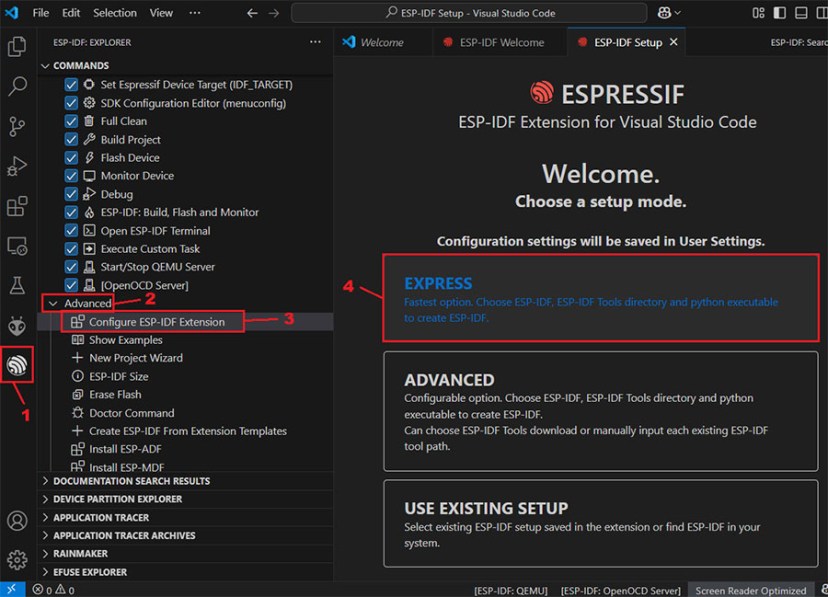 VS Code Configure ESP-IDF Extension Express Option