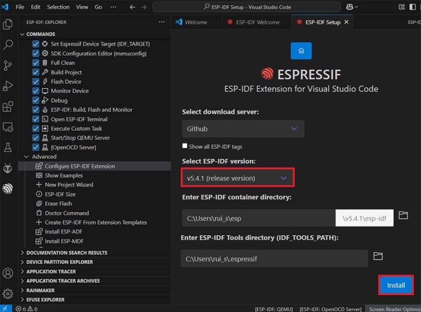 VS Code Configure ESP-IDF Extension Express Select Release Version and Install