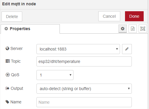 MQTT In Node ESP32 Publish Temperature Humidity Node-RED Flow