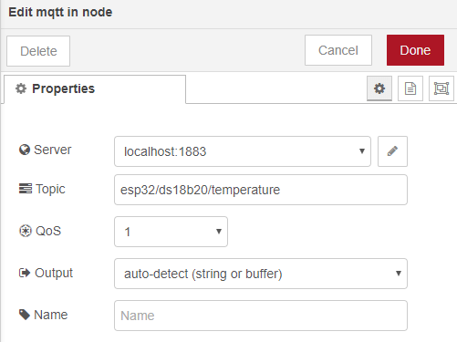 MQTT In node ESP32 Publish Temperature Node-RED Flow
