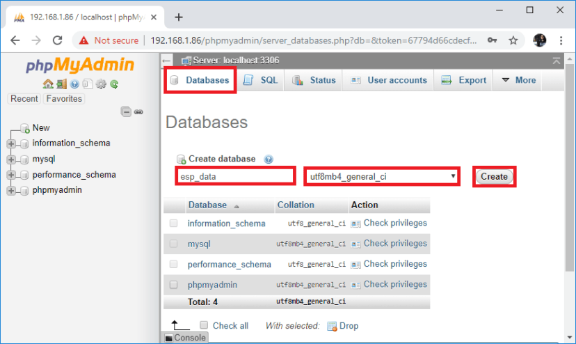 Raspberry Pi phpMyAdmin create new database