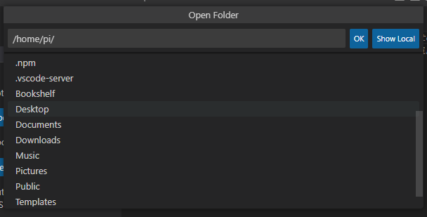 Select Remote folder Raspberry Pi on VS Code SSH