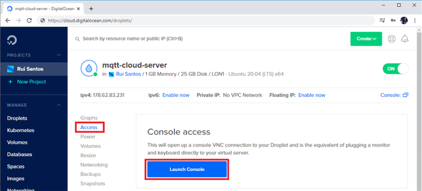 Digital Ocean VPN Linux Ubuntu Server Open Launch Console