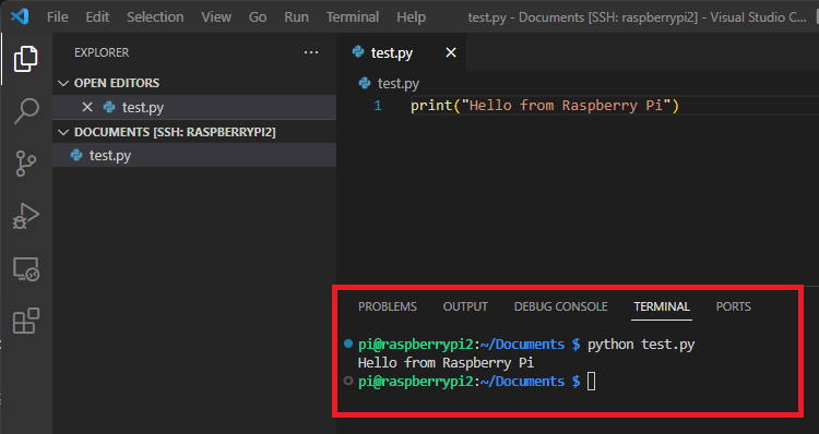Run file on Raspberry Pi from VS Code Remote SSH connection