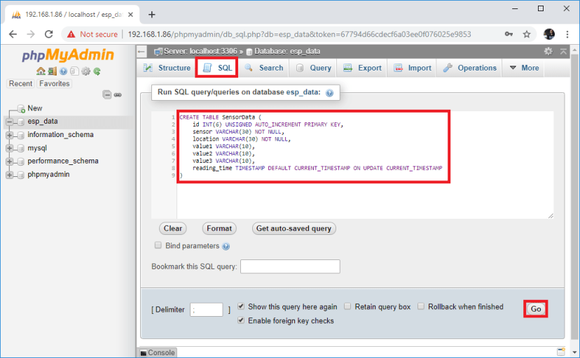 Raspberry Pi phpMyAdmin run SQL query