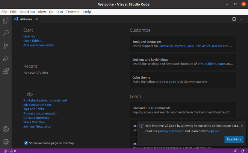 Microsoft Visual Studio Code VS Code Installation wizard welcome screen on Linux Ubuntu
