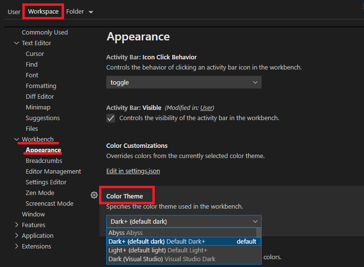 VS Code Workspace change settings