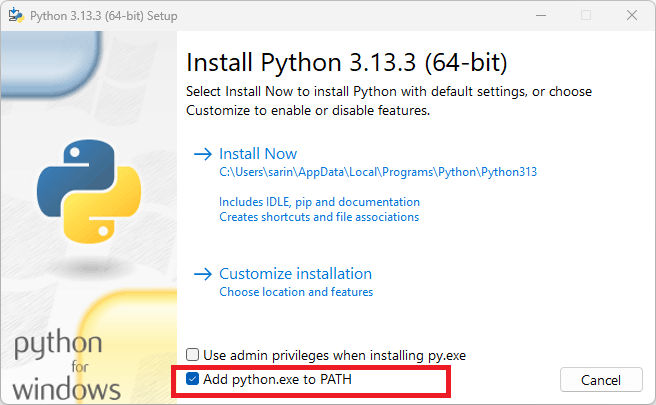 add python to path - installation