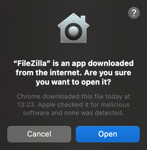 Allow Mac to Open FileZilla FTP Client installation file