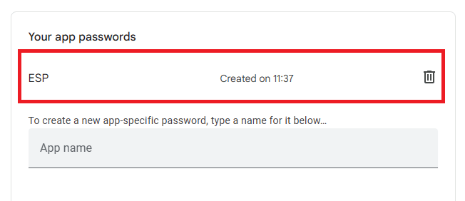 Gmail app password created for ESP32 send emails