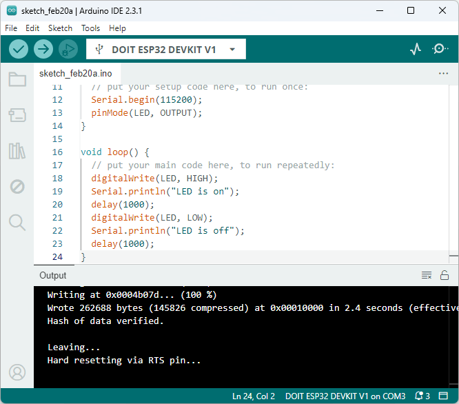Arduino IDE 2 - upload code success ESP32