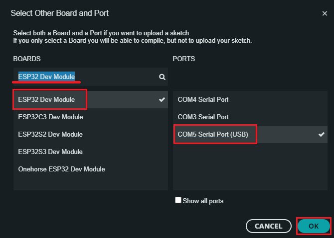 Arduino IDE 2 Select ESP32 Dev Module Board and COM Port