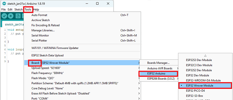 Arduino IDE selecting ESP32 Wrover Module