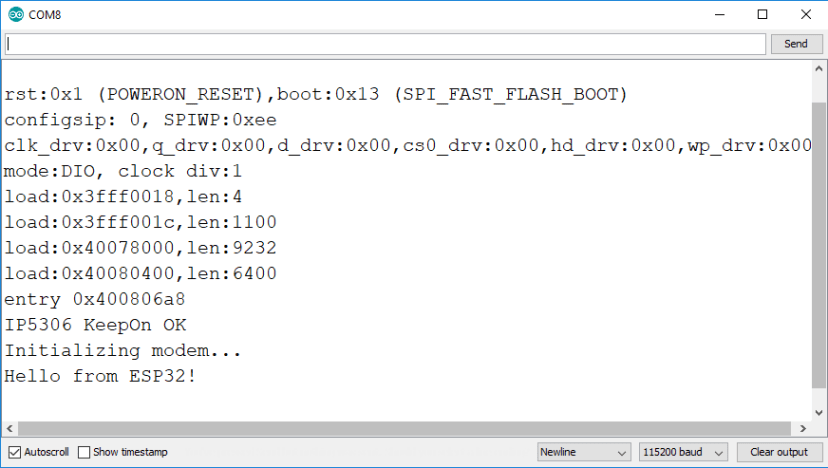 Initializing the T-Call ESP32 SIM800L Board Serial Monitor Arduino IDE