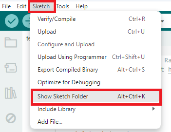 Arduino IDE Open Sketch Folder to create data folder
