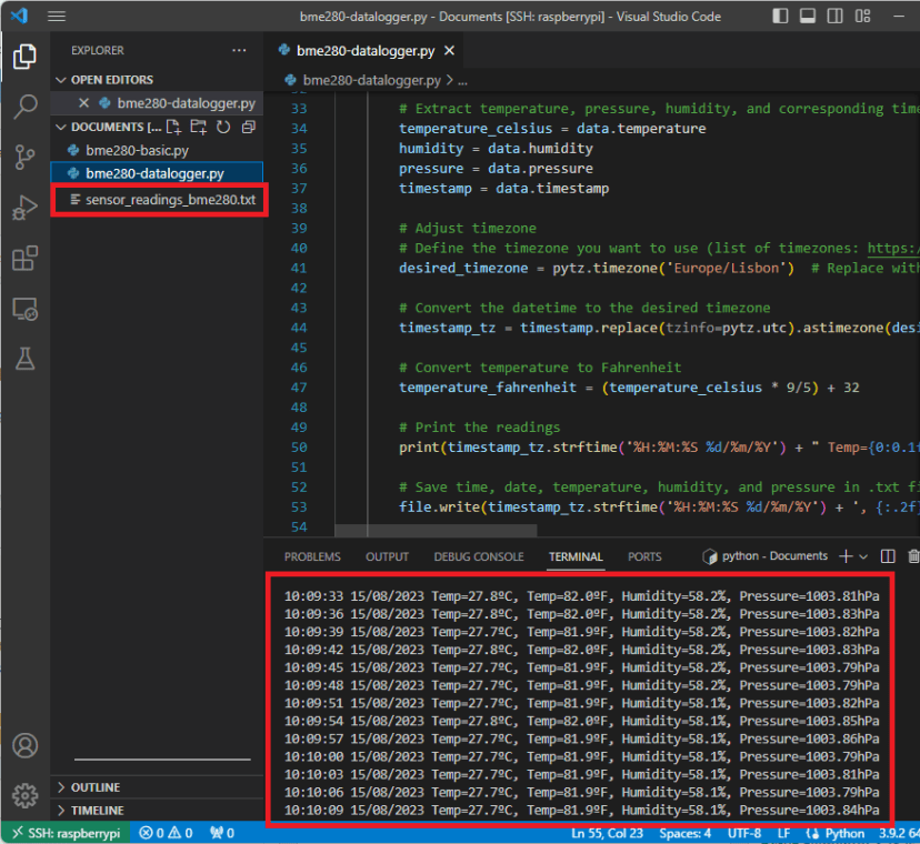 Raspberry Pi Datalogger VS Code BME280