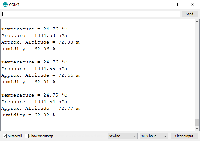 Printing BME280 pressure, temperature and humidity readings with ESP32 in Arduino IDE Serial Monitor