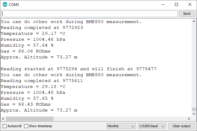 BME680 Arduino IDE Example Display Gas Temperature Humidity and Pressure Readings Serial Monitor