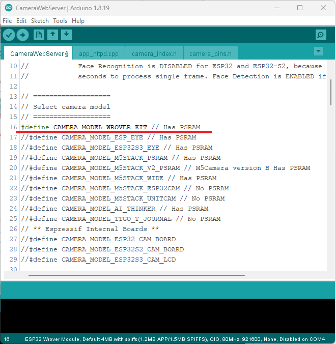 CameraWebServer example selecting camera wrover kit