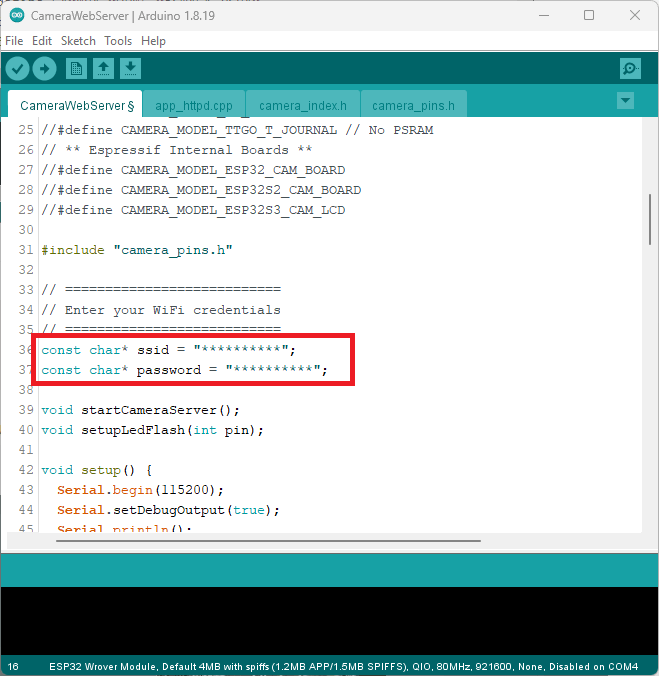 CameraWebServer example SSID and password