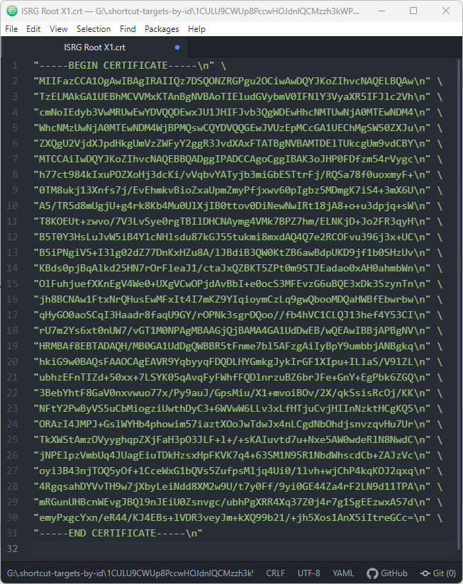 certificate multi line string