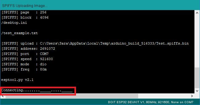 SPIFFS Image Connecting to ESP32 board