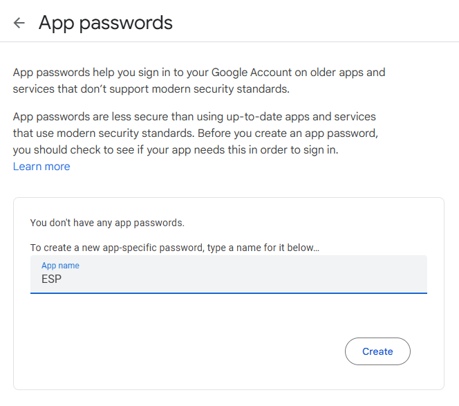 Create app password to use with the ESP