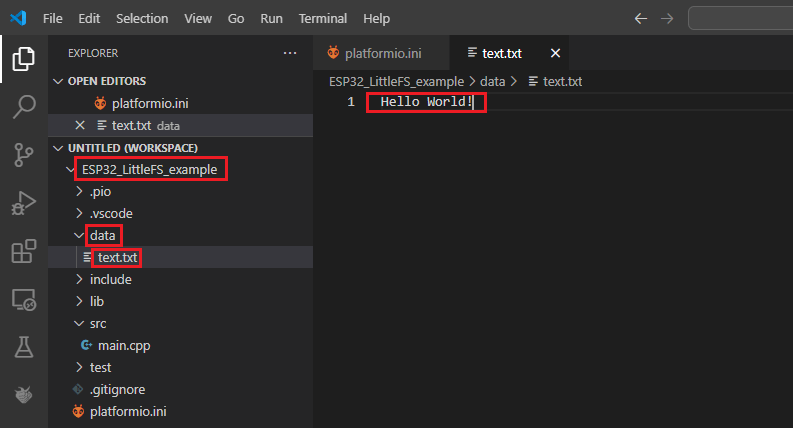 Create text file VS Code PlatformIO ESP32