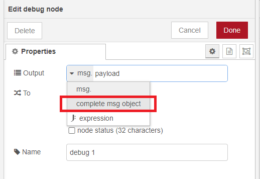 Set debug Node to complete msg object