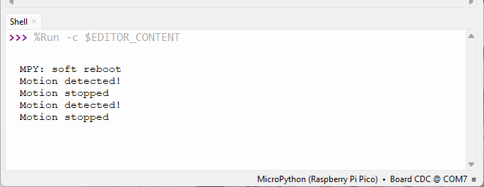 Raspberry Pi Pico MicroPython Thonny IDE PIR Motion sensor detect motion