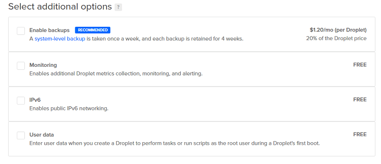 Digital Ocean VPN Linux Ubuntu Server Select Additional Options