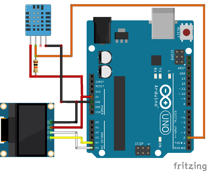 Arduino with DHT11 DHT22 and OLED Display Schematic Diagram