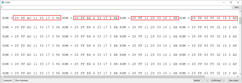 Getting onewire DS18B20 address Serial Monitor