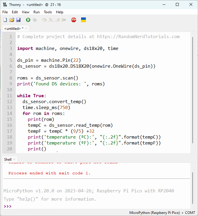 Thonny IDE Micropython DS18B20 Code Raspberry Pi Pico