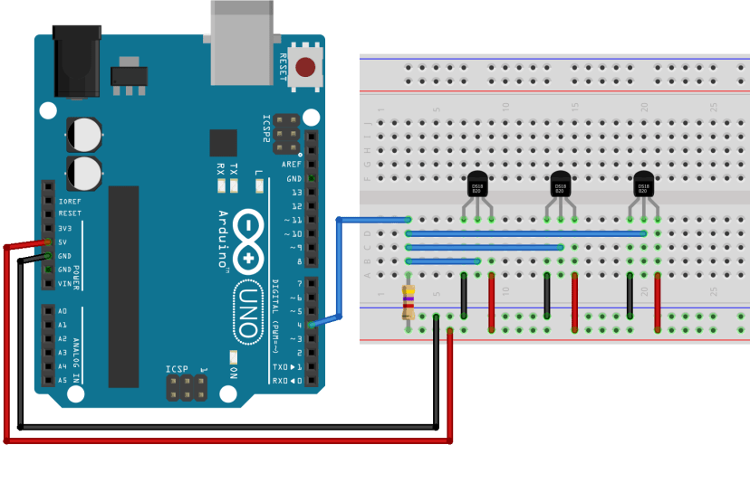 Arduino Multiple DS18B20 Temperature sensors wiring schematic diagram