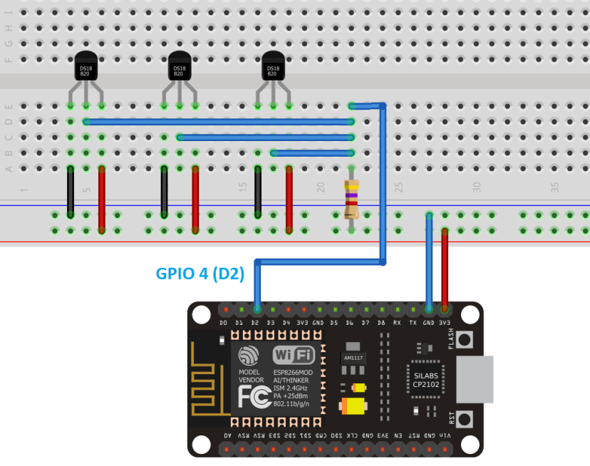 DS18B20 Multiple Temperature Sensors with ESP32 Wiring Schematic Diagram