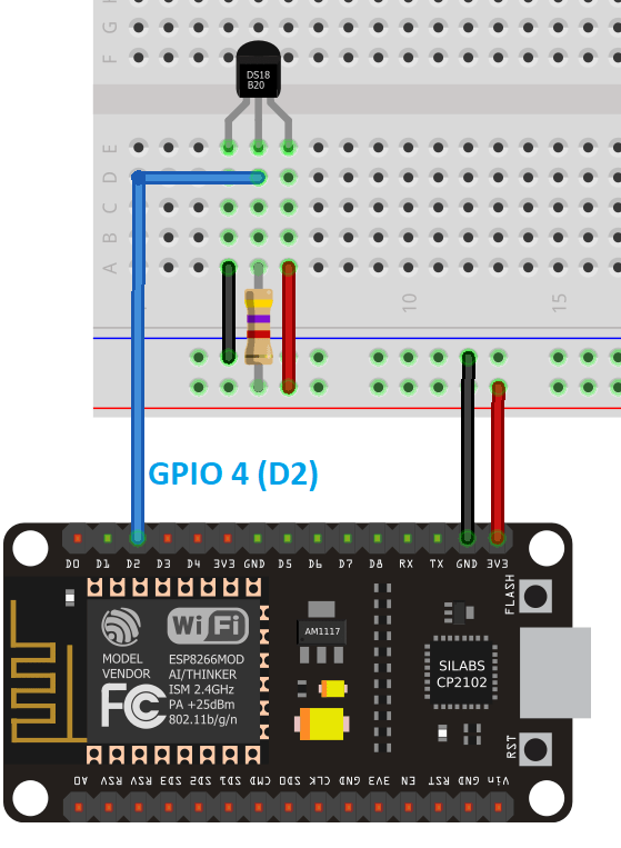 ESP8266 NodeMCU DS18B20 Temperature sensor connected GPIO 4 schematic circuit diagram