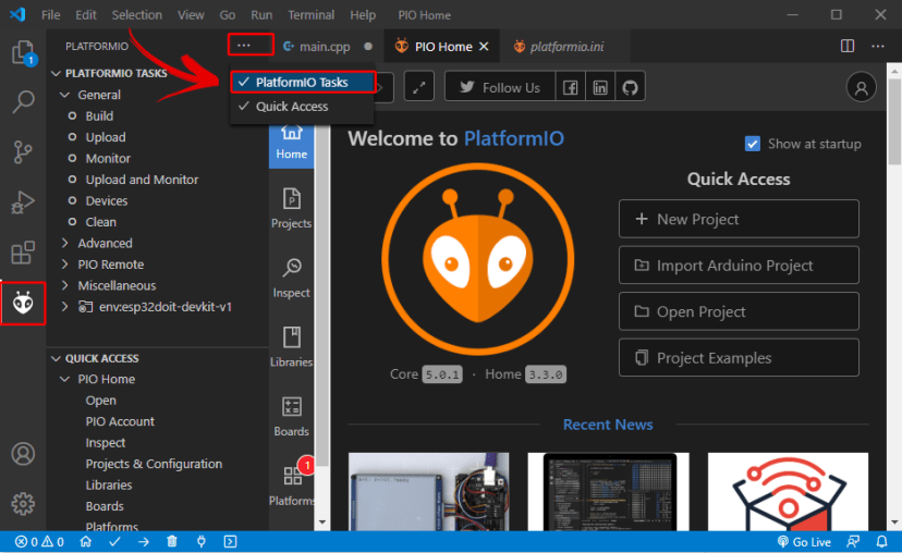 Enable PlatformIO IDE extension tasks